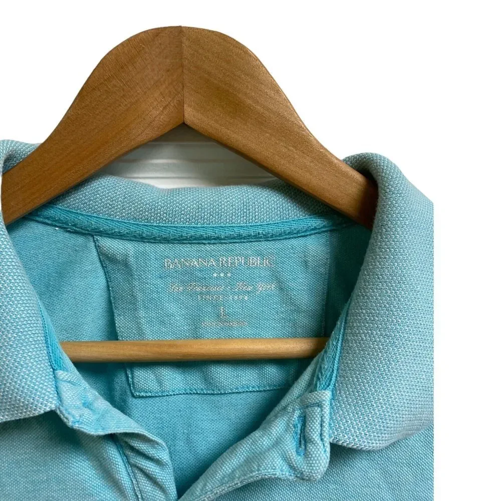 Banana Republic Men's Short Sleeve Polo Light Blue‎ Logo Cotton Size Large